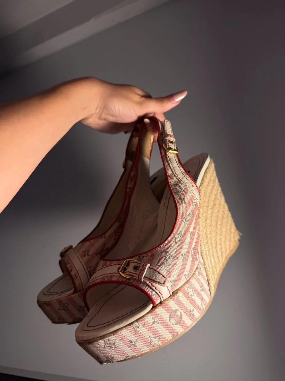 Louis Vuitton Pink Stripe Monogram Espadrille Wedges